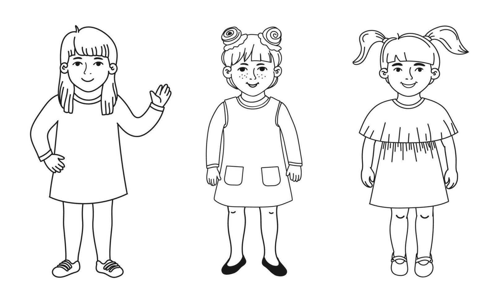 Outline Set of Illustration of Cute Girls are Standing Isolated on White Background vector