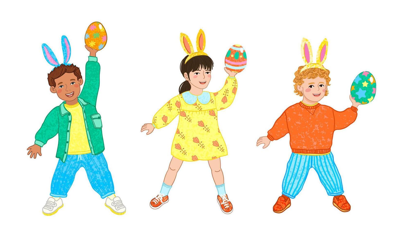 olorful Set of Illustration of Children Holding Easter Eggs in their Hands Isolated on White Background vector