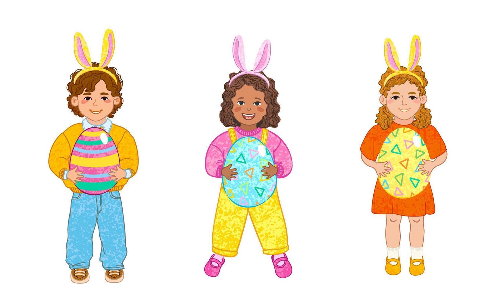Colorful Set of Illustration of Cute Children Holding Easter Eggs in their Hands Isolated on White Background vector