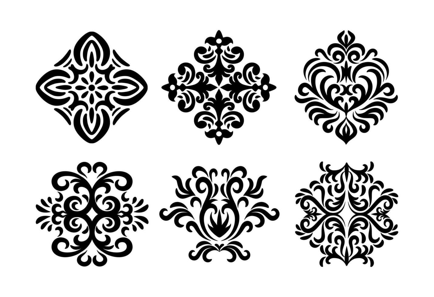 set of oriental damask pattern art on black colour vector