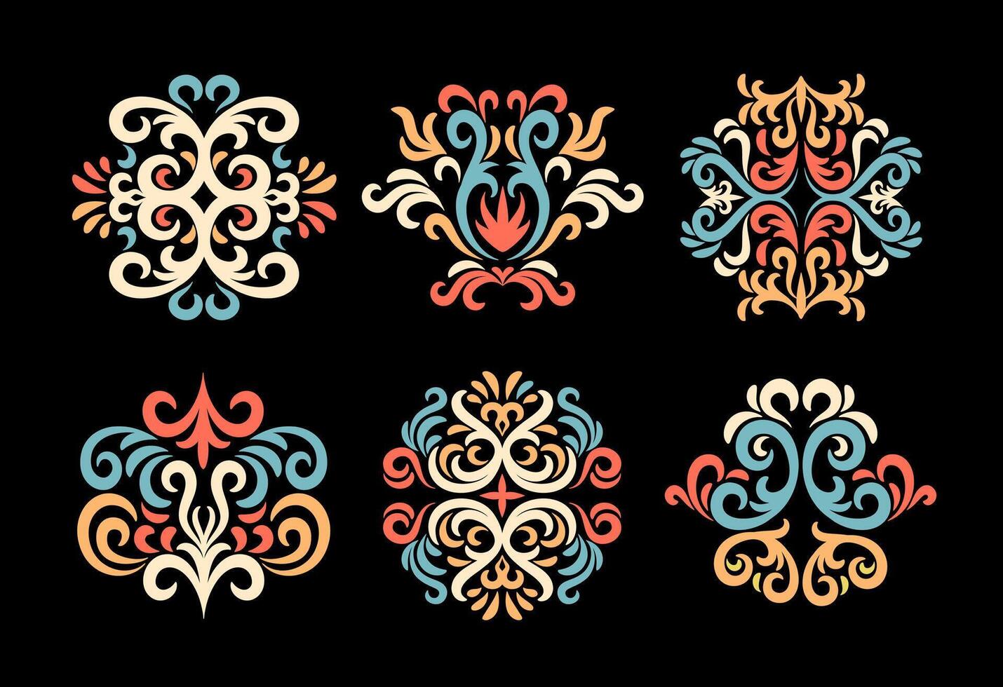 set of oriental damask pattern on black background vector