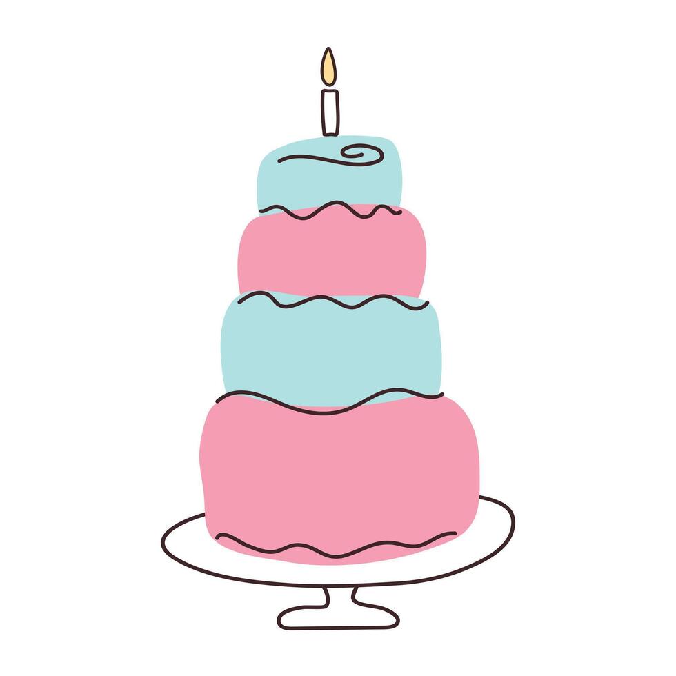 Cake with candle in flat style. Cupcake piece with hand drawn lines. Slice sweet desserts for poster, birthday, weeding invitation, jubilee. Isolated illustration on white background. vector
