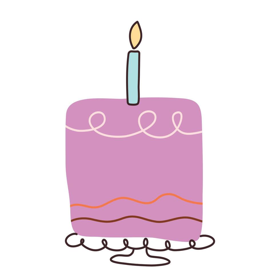 Cake with candles in flat style. Cupcake piece with hand drawn lines. Slice sweet desserts for birthday, jubilee, weeding, invitation, poster. Isolated illustration on white background vector