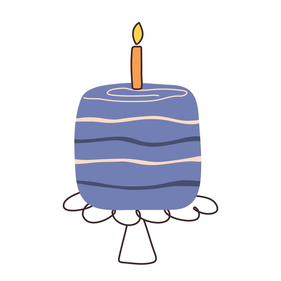 Cake with candle in flat style. Cupcake piece with hand drawn lines. Slice sweet desserts for poster, birthday, jubilee, weeding, invitation. Isolated illustration on white background vector