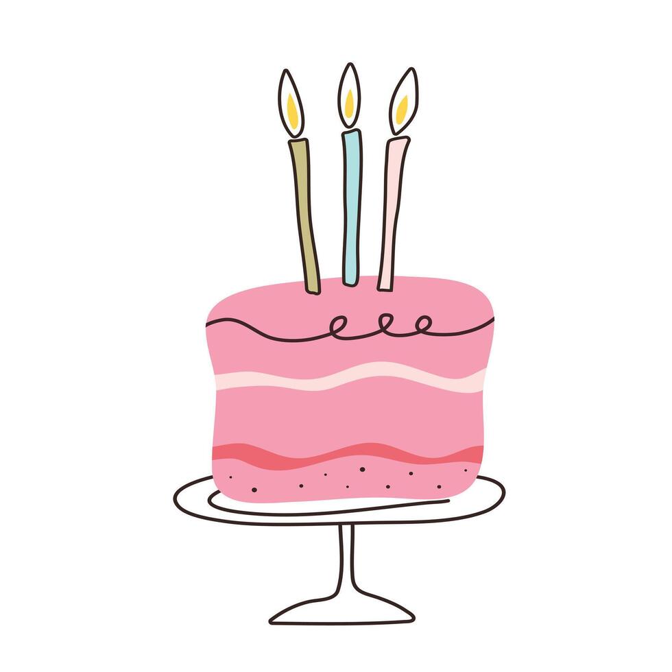 Cake with candles in flat style. Cupcake piece with hand drawn lines. Slice sweet desserts for birthday, invitation, jubilee, weeding, poster. Cute isolated illustration on white background vector