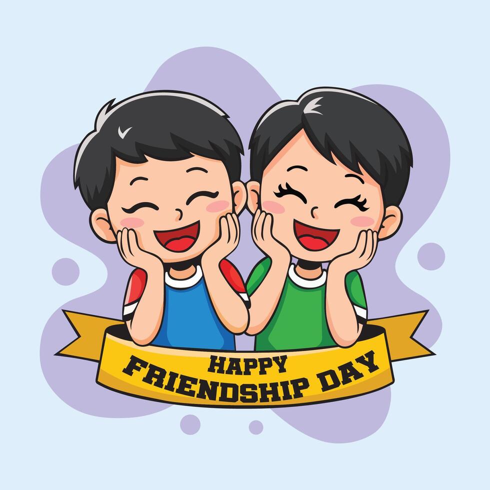 Two Cheerful Kids Holding a Friendship Day Greeting Sign vector