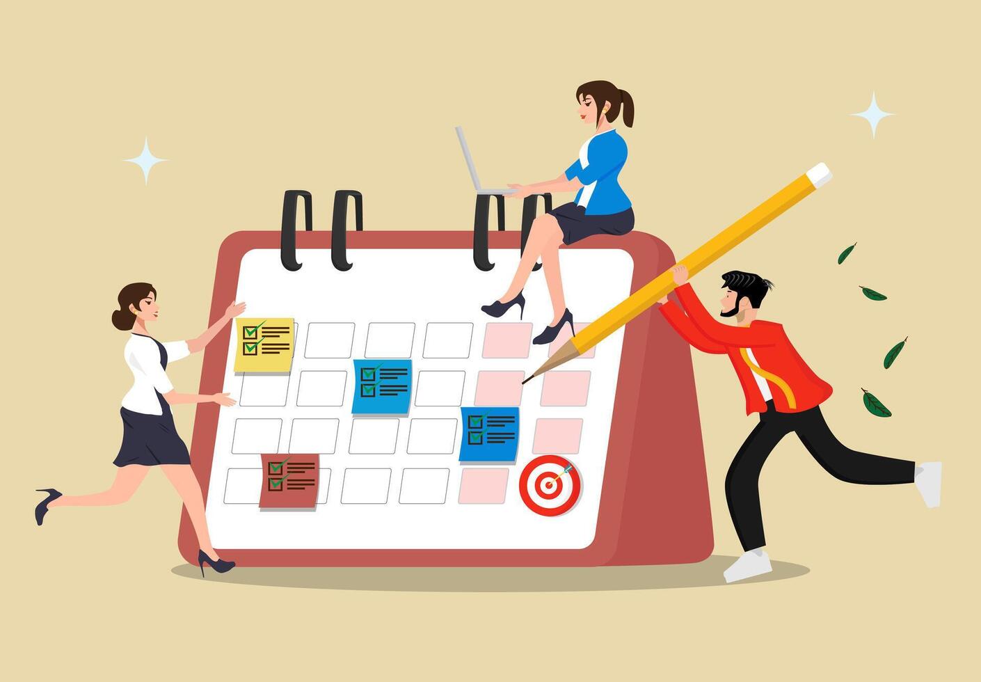 Calendar schedule, business planning concept, event or meeting reminder, date time planning, work deadline or appointment, cartoon illustration of a group of people. vector