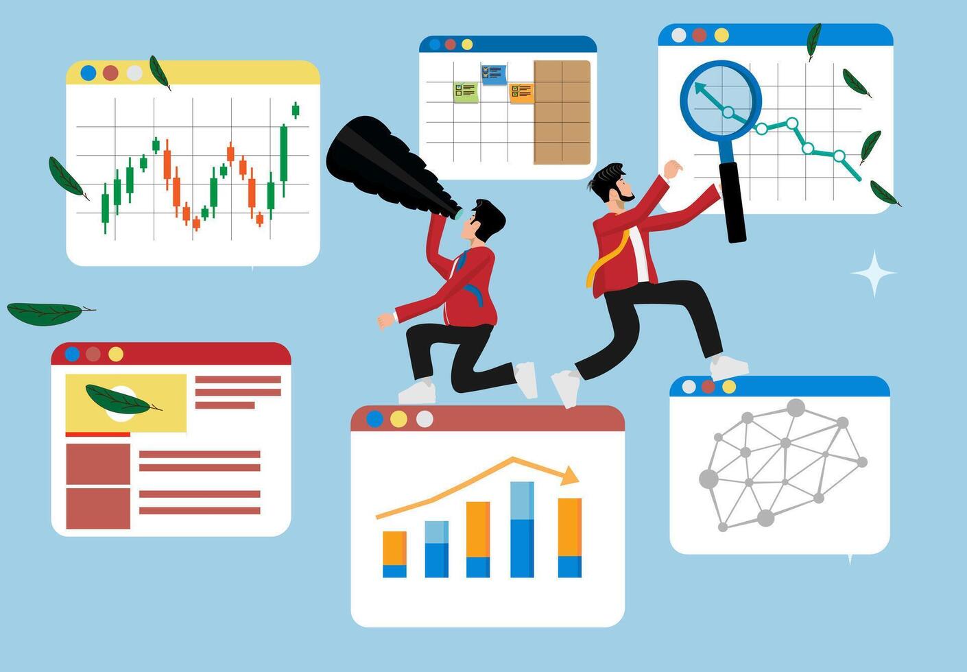 Investment data analysis to find profit opportunities, business analytics, seo, web pages, two young businessmen are analyzing. vector