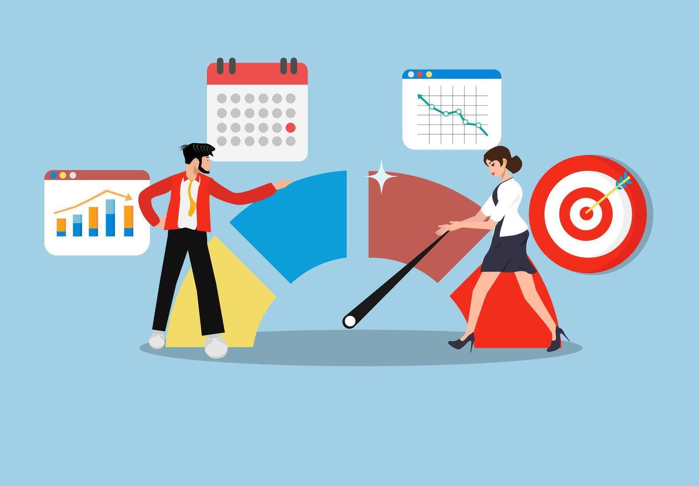 Key performance indicators KPI, business people are measuring success or measuring the achievement of goals, metrics or comparison standards with the KPI performance measurement scale. vector