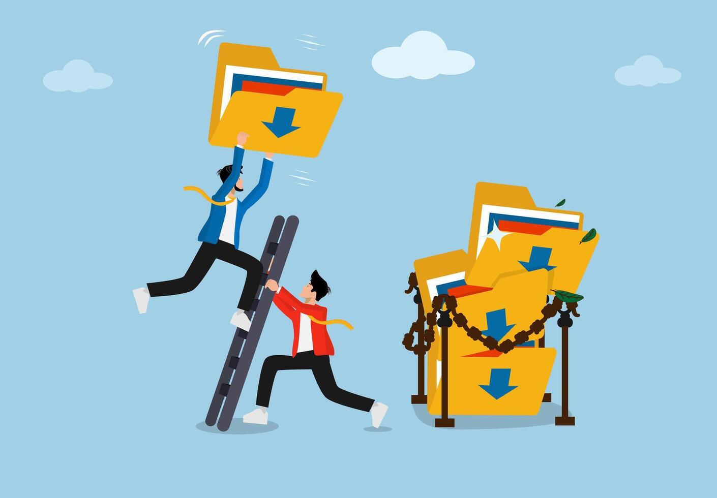 Businessmen Move storage folders for document archives, document ideas, file administration, and document file grouping into archive folders. Document discovery ideas or compression or online security vector