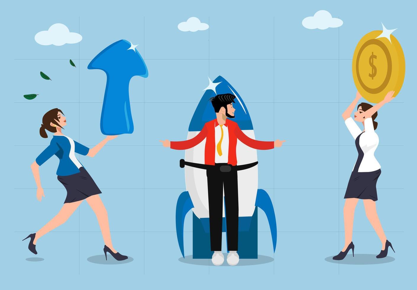 Teamwork of businessmen is carrying arrows, dollar coins, rockets. towards business and financial growth, ambition to break through growth and achieve goals. vector