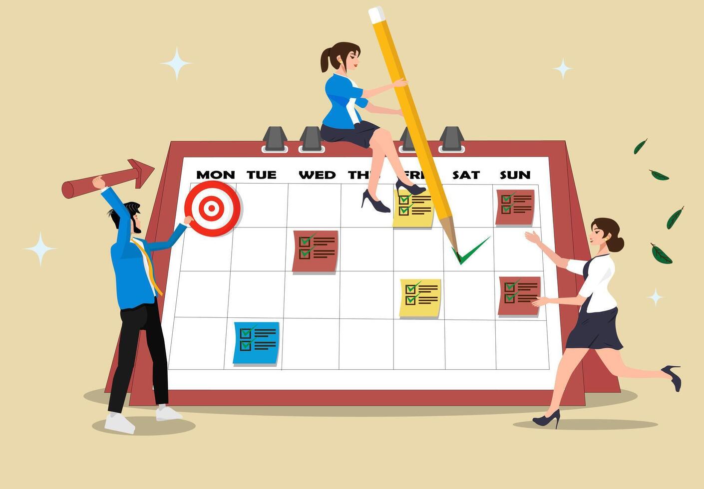 Business Planning Concept. A group of diverse people in business attire make notes on a calendar with tasks. Isolated on a background. vector