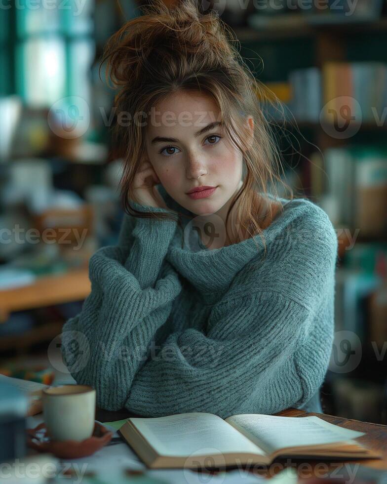 Young woman in cozy sweater reflecting while surrounded by books in a serene room. photo