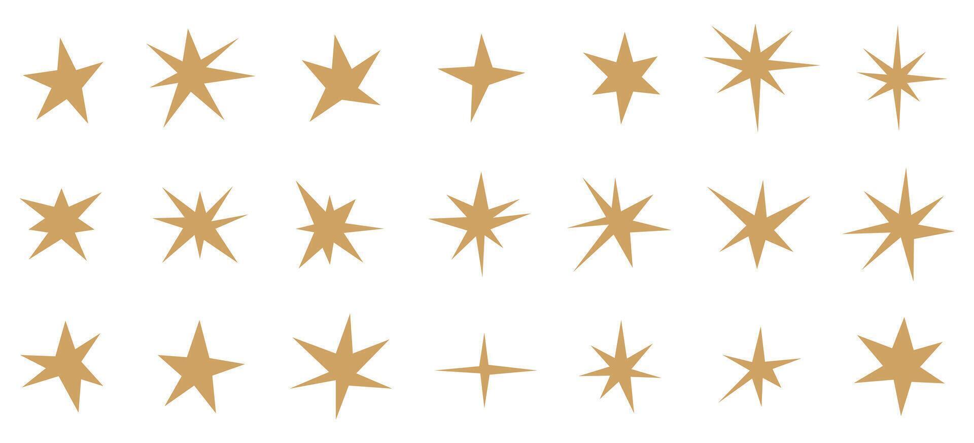 Set of gold star shapes. Retro futuristic sparkle icons collection. Abstract golden design for wallpaper, decoration. Yellow sparkling stars, shiny flashes of fireworks. Symbol of holiday. vector