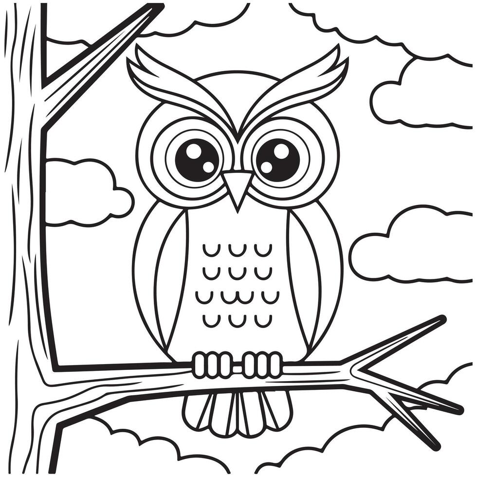 Bird Owl in Tree Coloring Page for Kids vector