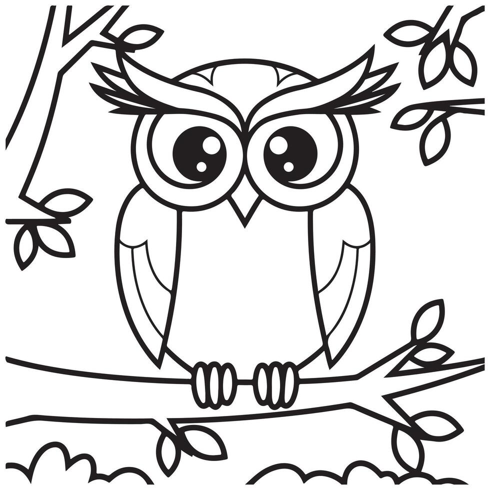 Owl in Tree Coloring Page for Kids vector