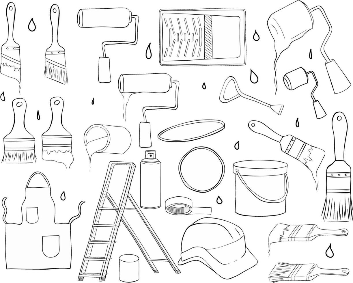 Painter tools set. graphic line ink illustration set isolated instruments symbols collection. Paint can opener, color can, apron, bucket, can, Brush, Roller, Paint tray, Masking tape, Ladder vector