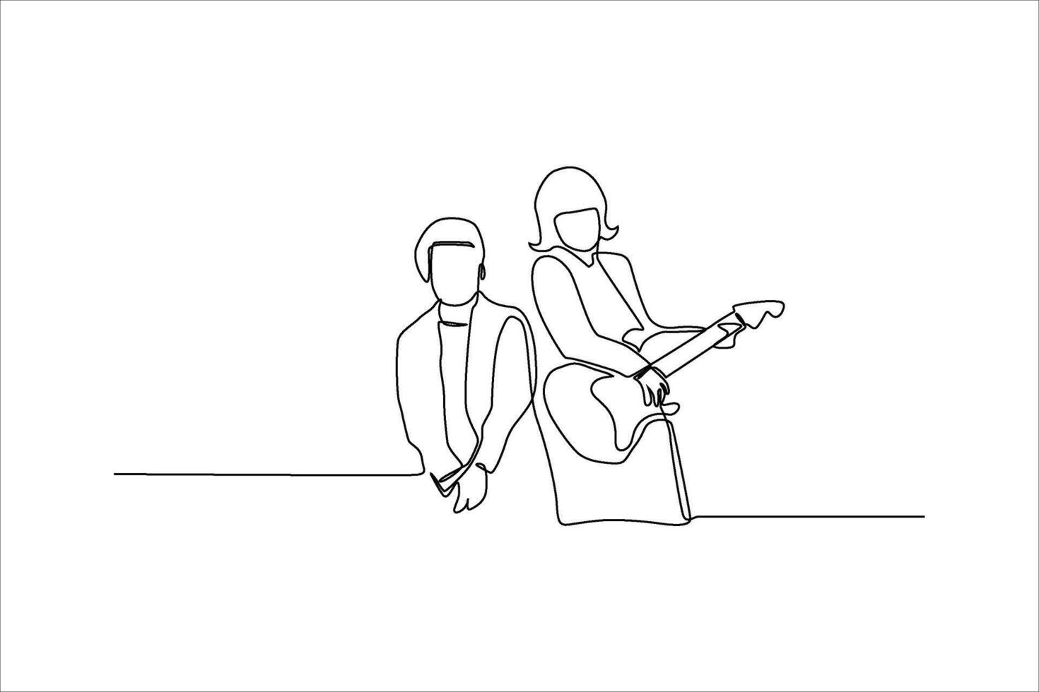 Minimalist line drawing of two musicians, one playing guitar, in a creative space vector