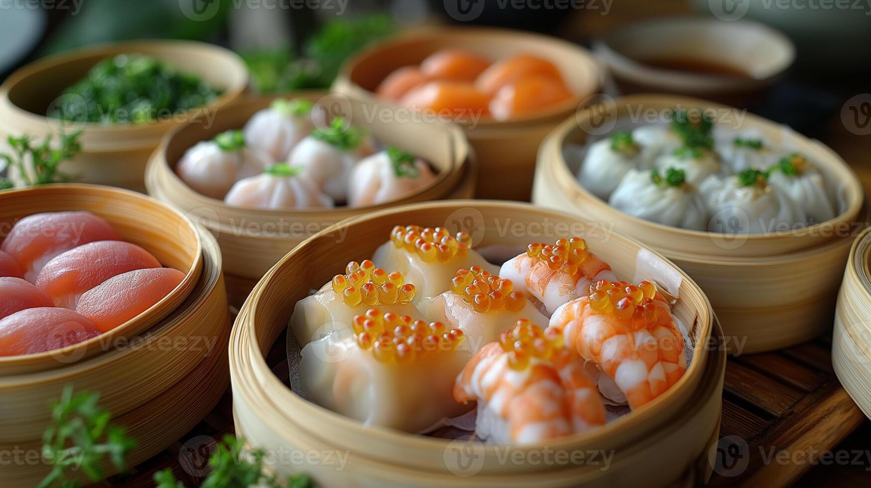 Delightful assortment of dim sum served in bamboo steamers at a lively market. photo