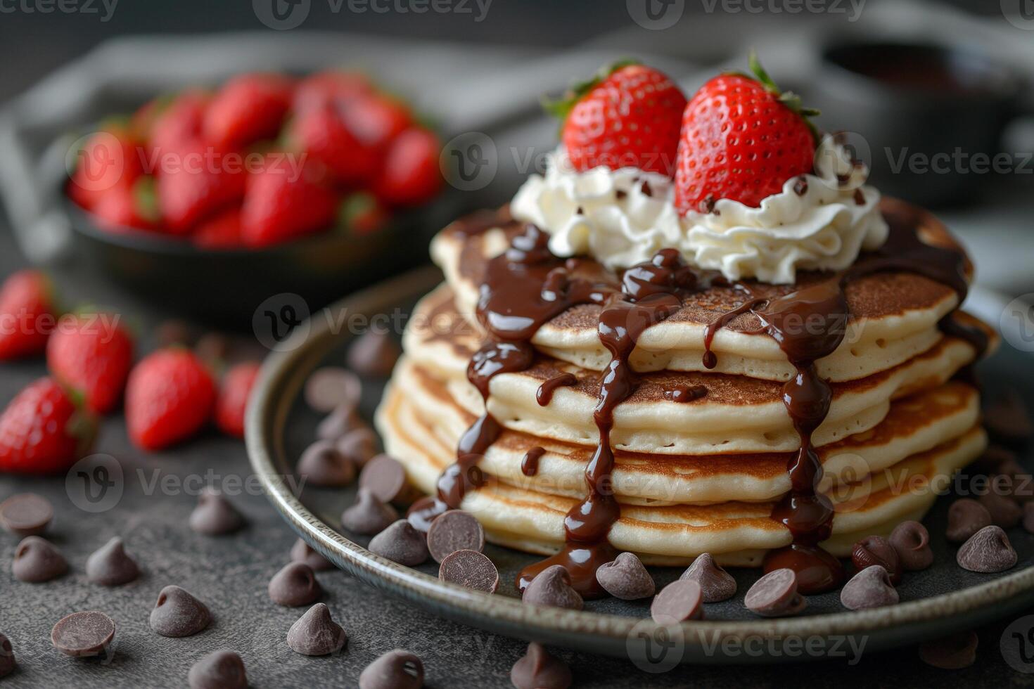 Indulgent stack of fluffy pancakes topped with strawberries and drizzled with chocolate sauce. photo