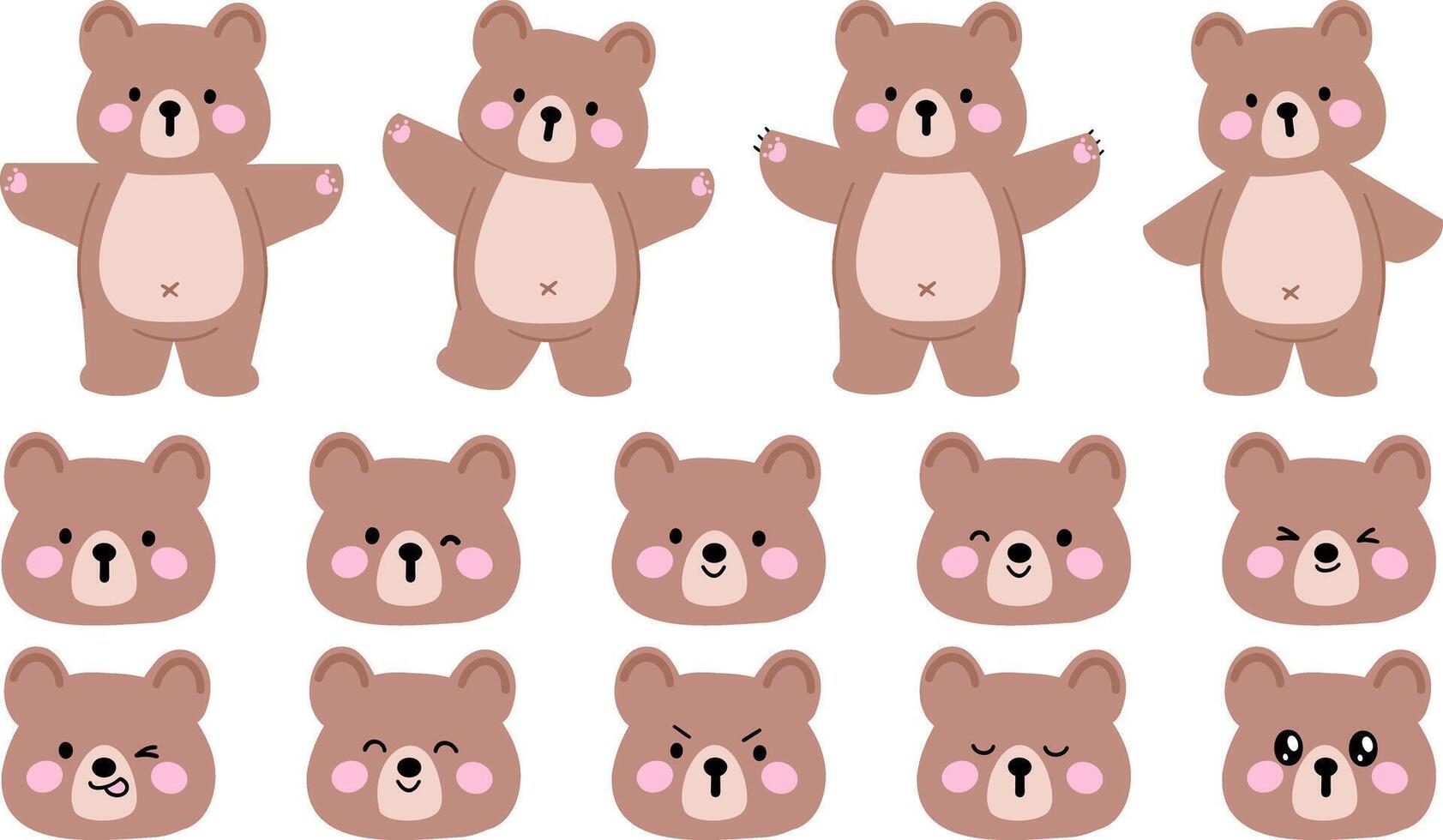Cute Cartoon Bear Character with Various Facial Expressions vector