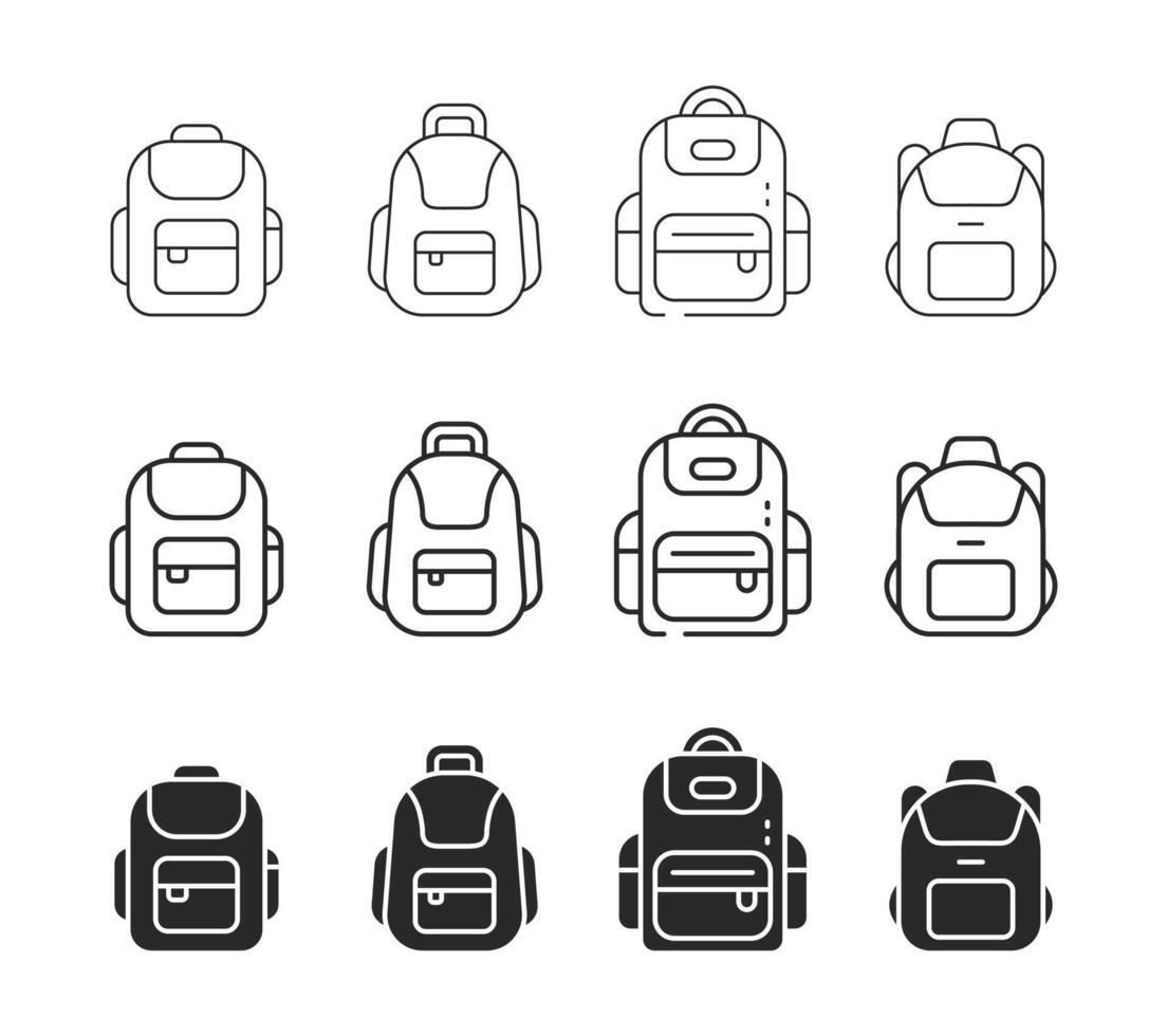 School backpack icon set solid and line art bag symbol vector