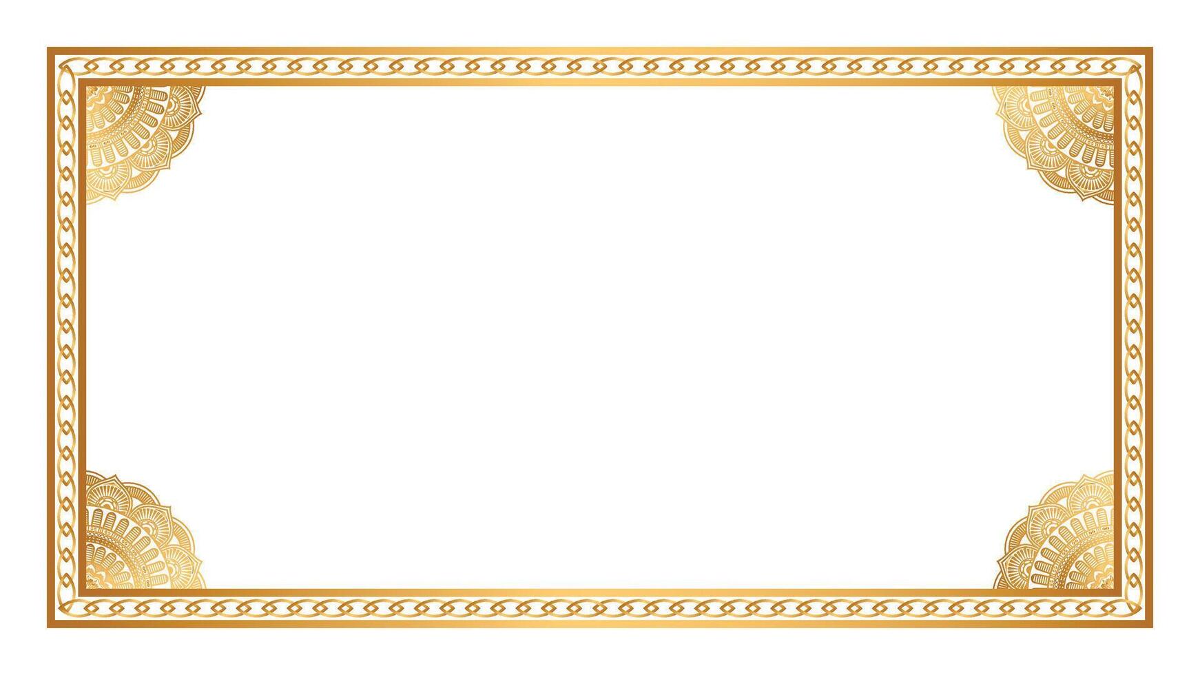 Luxury mandala corner golden rectangle certificate border pattern line photo frame islamic wedding invitation background vector