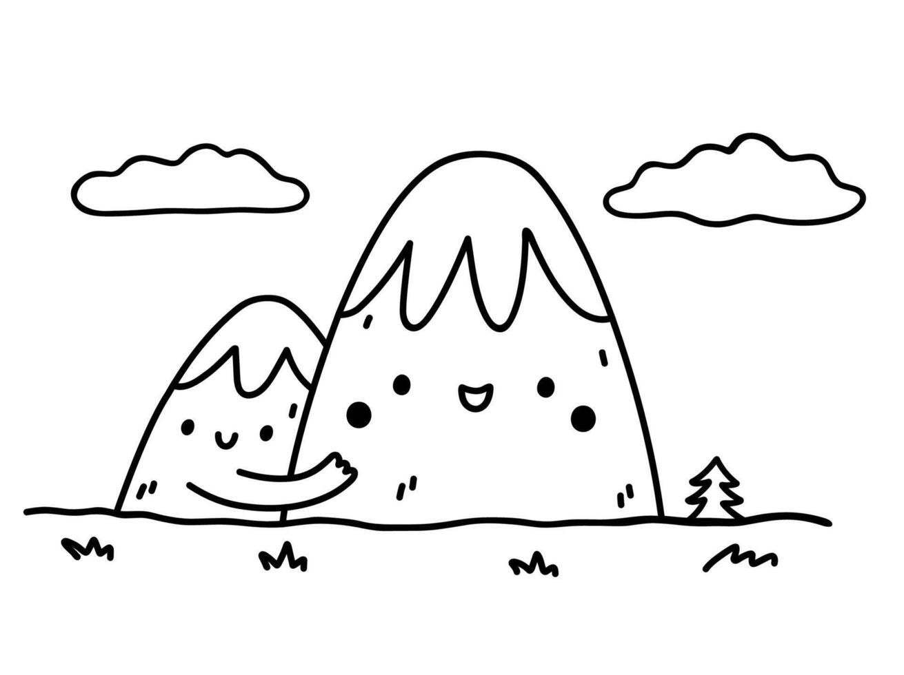Cute landscape with hugging mountains. hand-drawn illustration in doodle style. Kawaii characters isolated on a white background. Perfect for cards, decorations, logo, various designs. vector