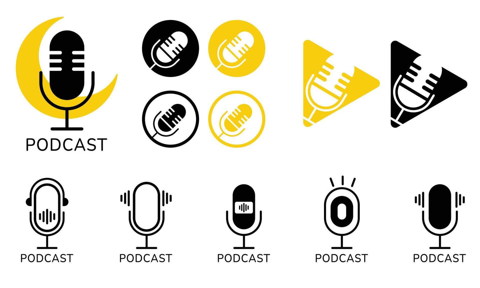 This image contains a collection of podcast logo designs, featuring microphone illustrations in various styles. The color scheme primarily consists of black and yellow, vector