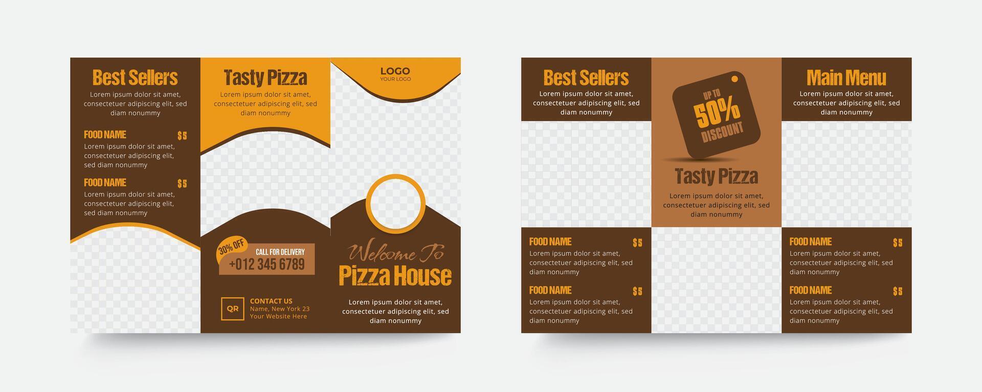 Pizza trifold brochure design and menu template vector