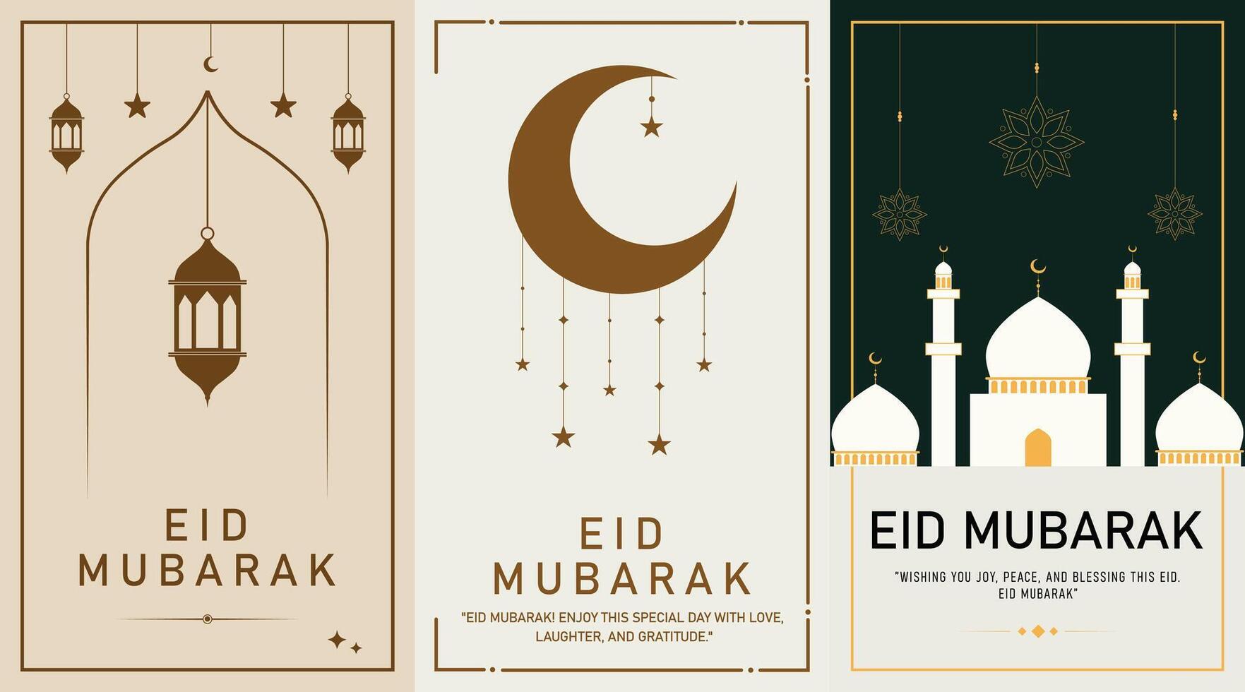 Set of greeting cards or banners with crescent and lanterns, eid mubarak arabic saying Blessed Festival or Feast. Eid al Adha or Eid ul fitar paper, Muslim, islam poster template design vector
