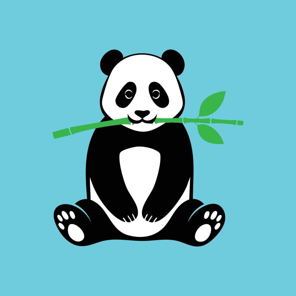 A panda bear holding a bamboo stick on a blue background illustration vector