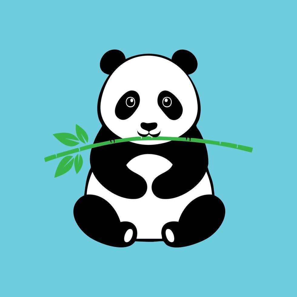 Cute panda bear holding bamboo branch on blue background vector
