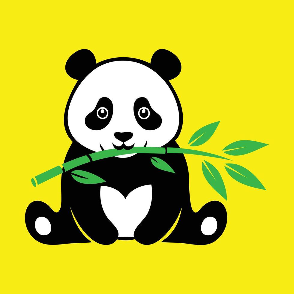 A cute panda bear holding a bamboo branch on a yellow background vector