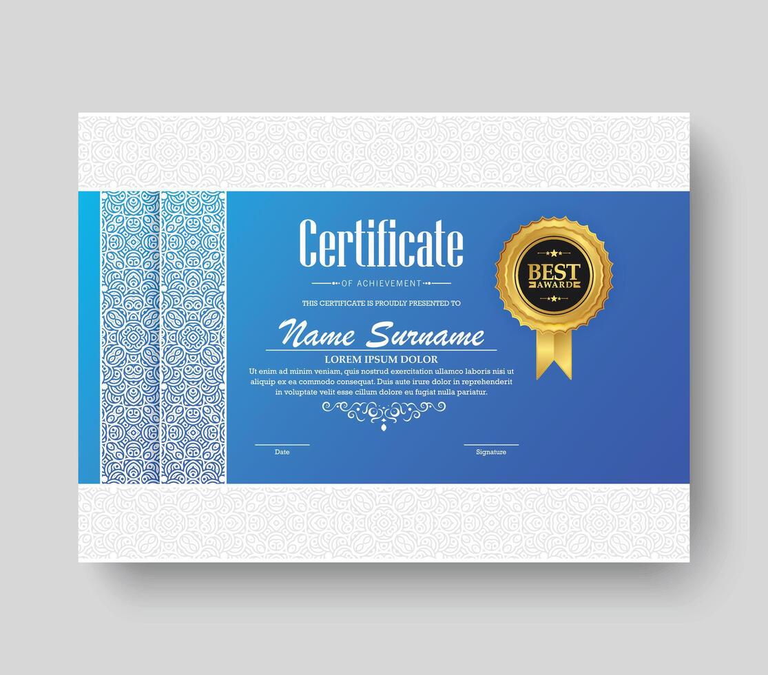 Blue achievement certificate best award diploma design template. vector