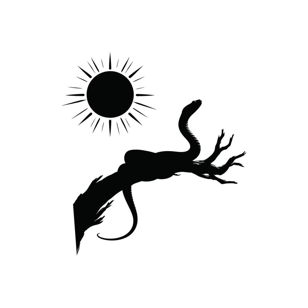Serpent on Twig with Sun Silhouette Isolated Art Reptile on Branch Sunny Graphic Template vector
