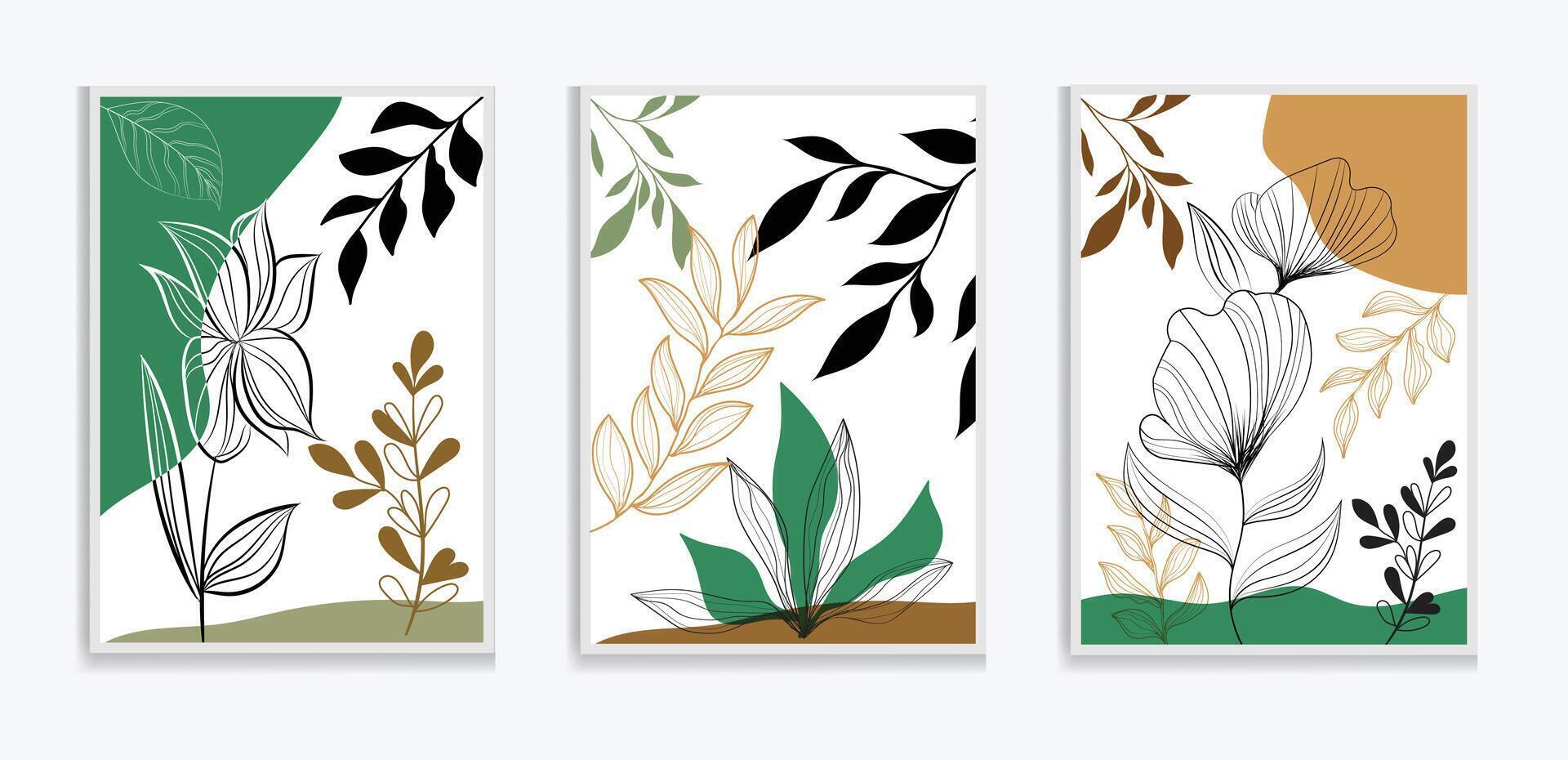 Botanical wall art blue color boho foliage line art drawing with abstract shape vector
