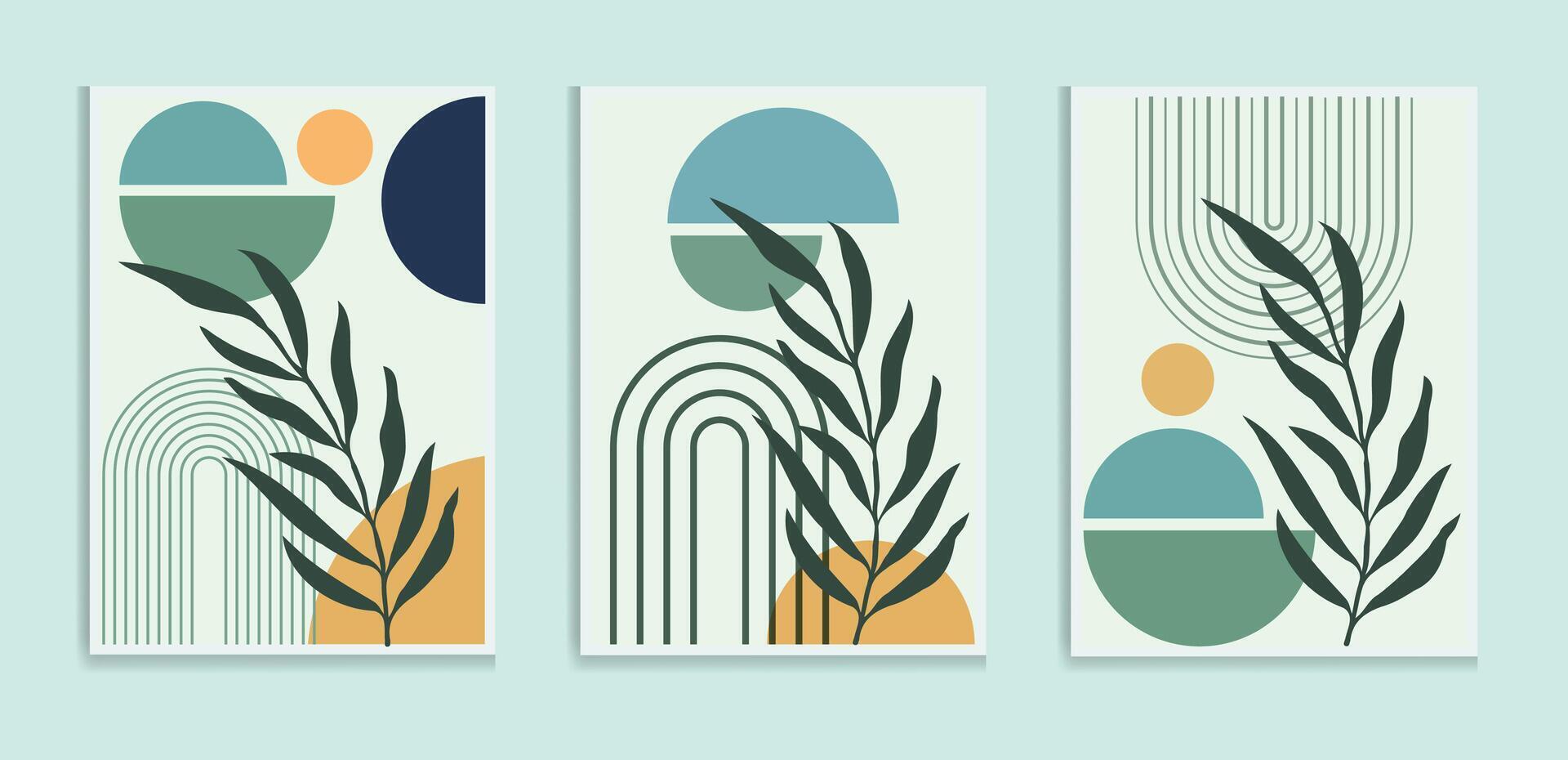 Abstract geometric, natural shapes poster set in mid century style. Modern illustration vector