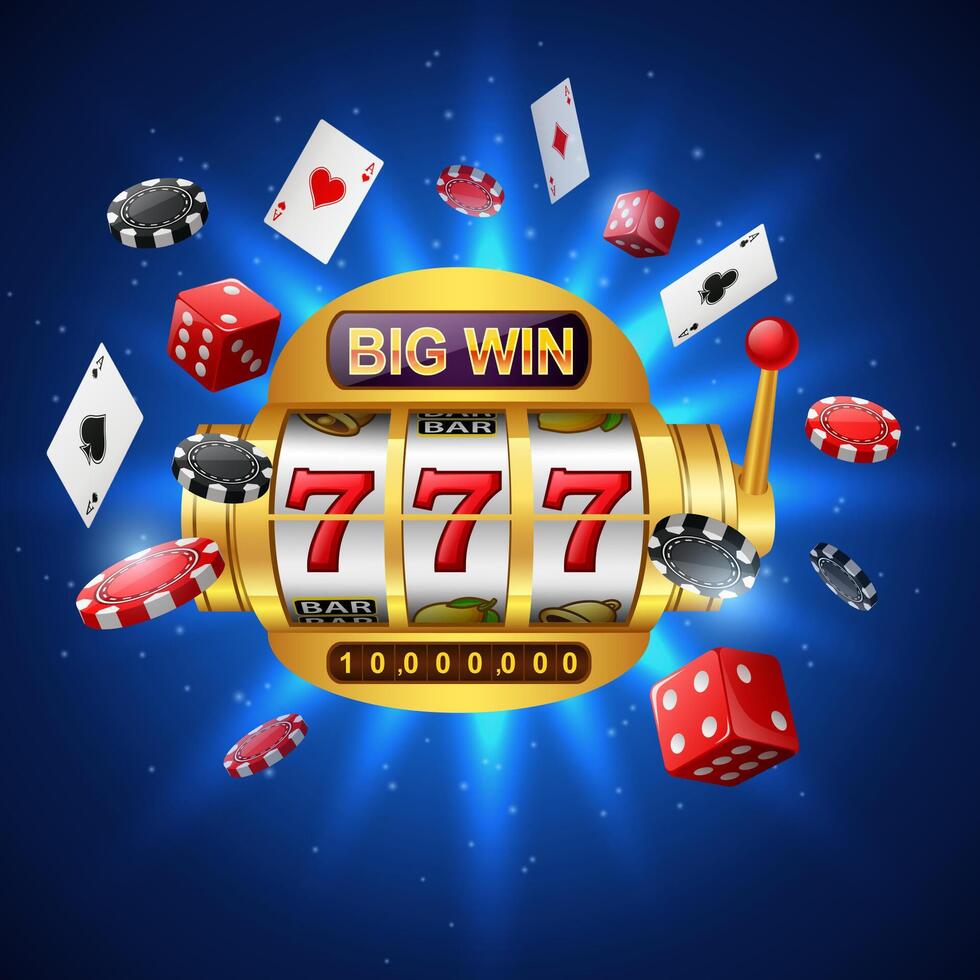 Big win slots machine 777 casino with chip poker, dice and playing cards on sparkling blue background. Illustration vector