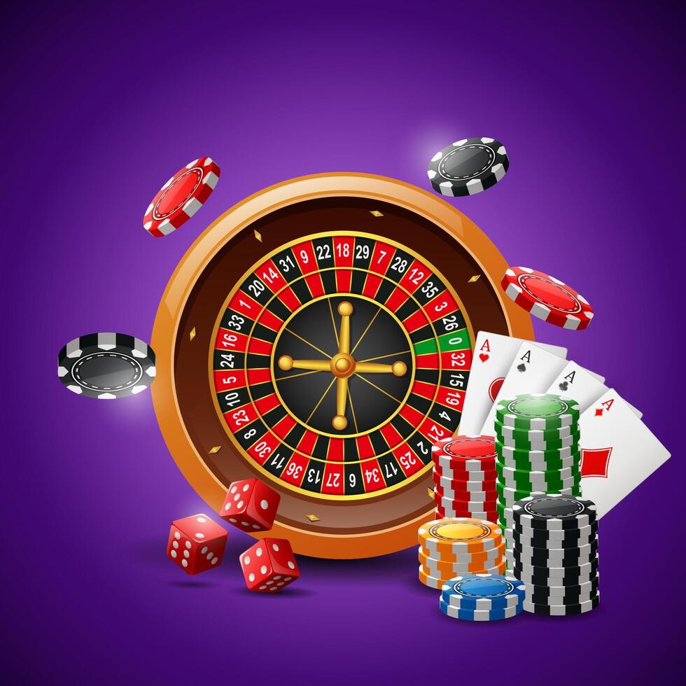 Casino roulette wheel with chips poker, playing cards and red dice on sparkling purple background. Illustration vector