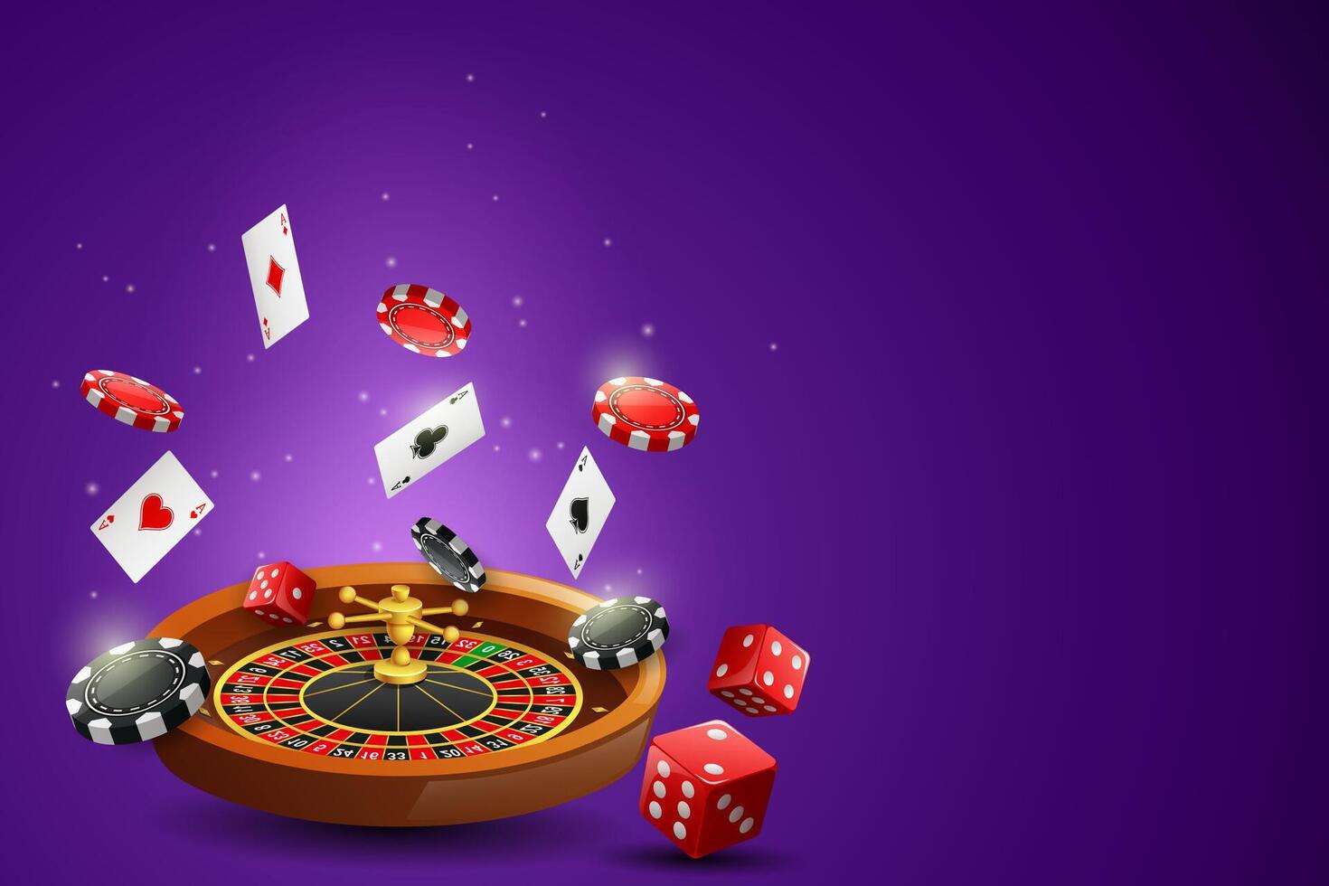 Casino roulette wheel with chips poker, playing cards and red dice with copy space area vector