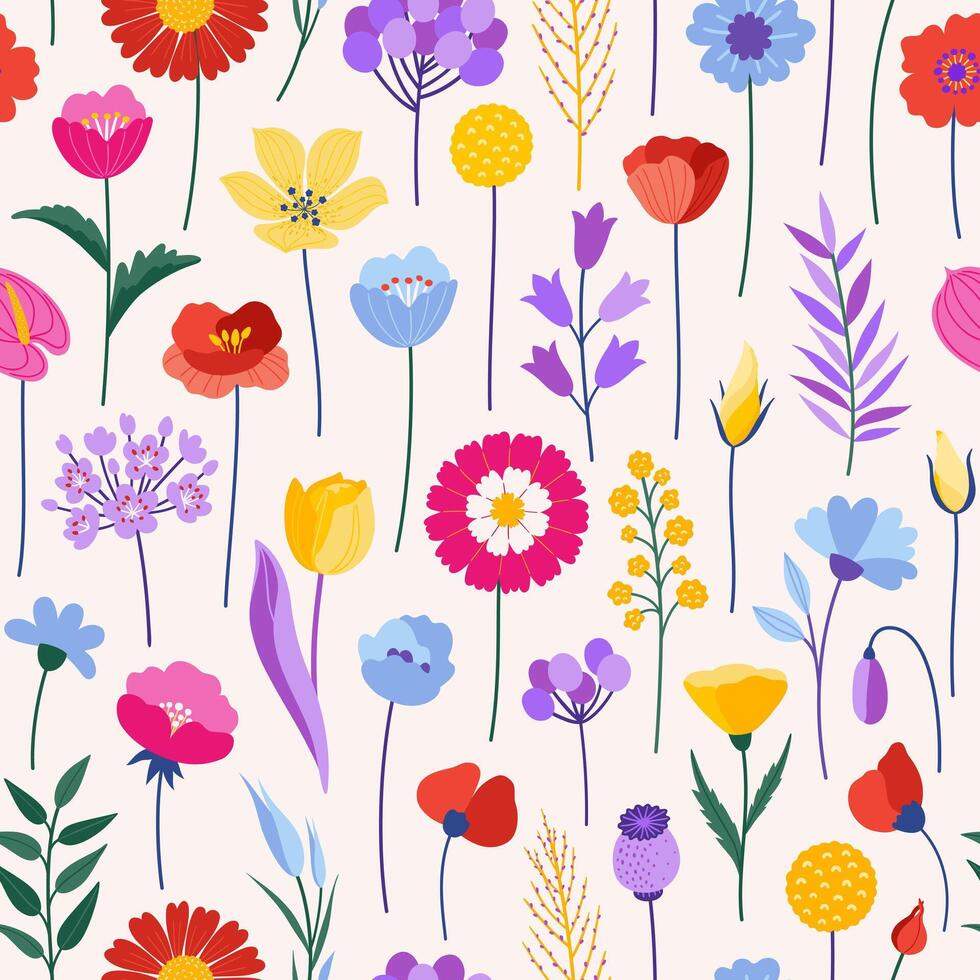Wildflowers seamless pattern. Colorful meadow herbs and flowers on a beige background. Floral summer spring botanical background, modern style design vector