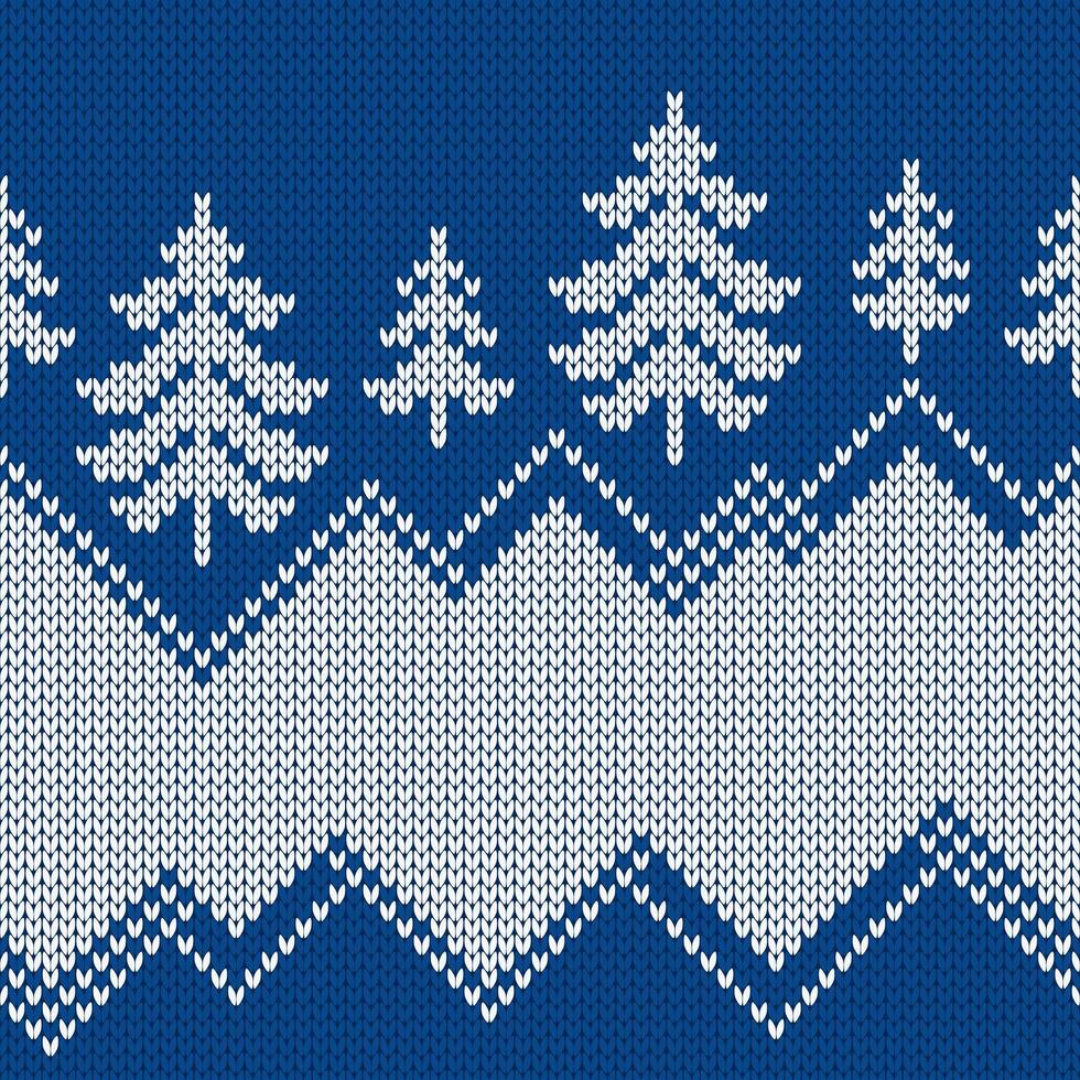 Winter sweater with Christmas trees and snowdrifts. Norwegian seamless knitting pattern, Fair Isle design. Holiday traditional background with text place vector