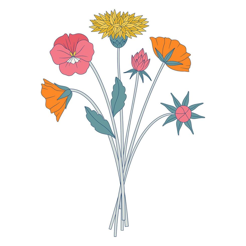 Bright bouquet of wildflowers. Bunch with common knapweed, pansy, different meadow flowers, blooming wild plants, and herbs. Botanical hand drawn elements for design projects vector