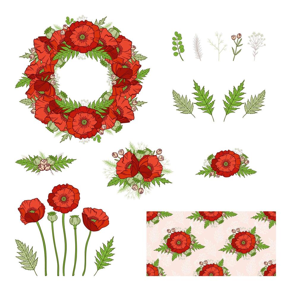 Bohemian style collection. Set of boho floral elements, composition, frame, bouquet, border, seamless pattern. Poppies. Hand drawn, wedding design vector