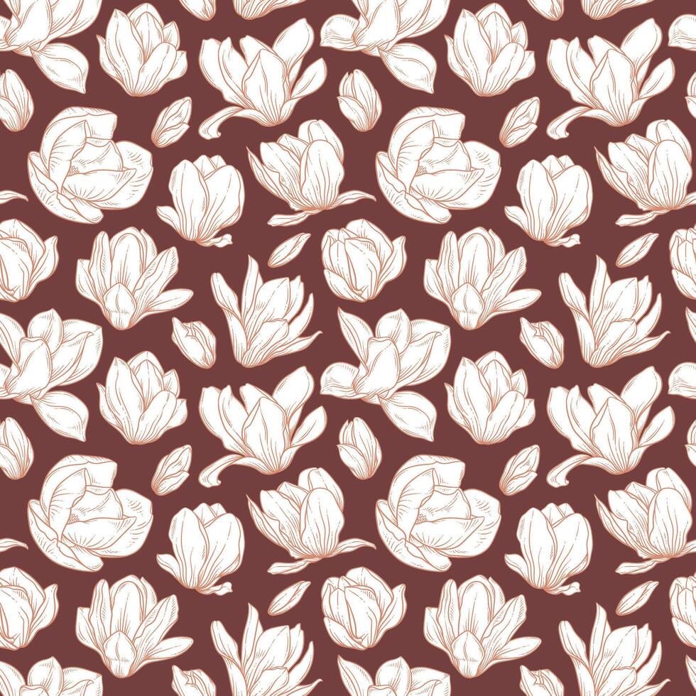 Seamless pattern with magnolia flowers. Blooming buds in sketch style on brown background. Imitation ink drawing. Spring floral design for textile, package, wedding decor vector