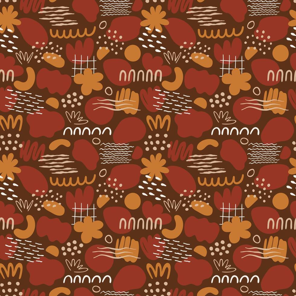 Seamless pattern with organic shapes dots, lines, spots, waves, flowers with doodles, in simple trendy style. Abstract design for textile, wall art, package, covers, flyers vector