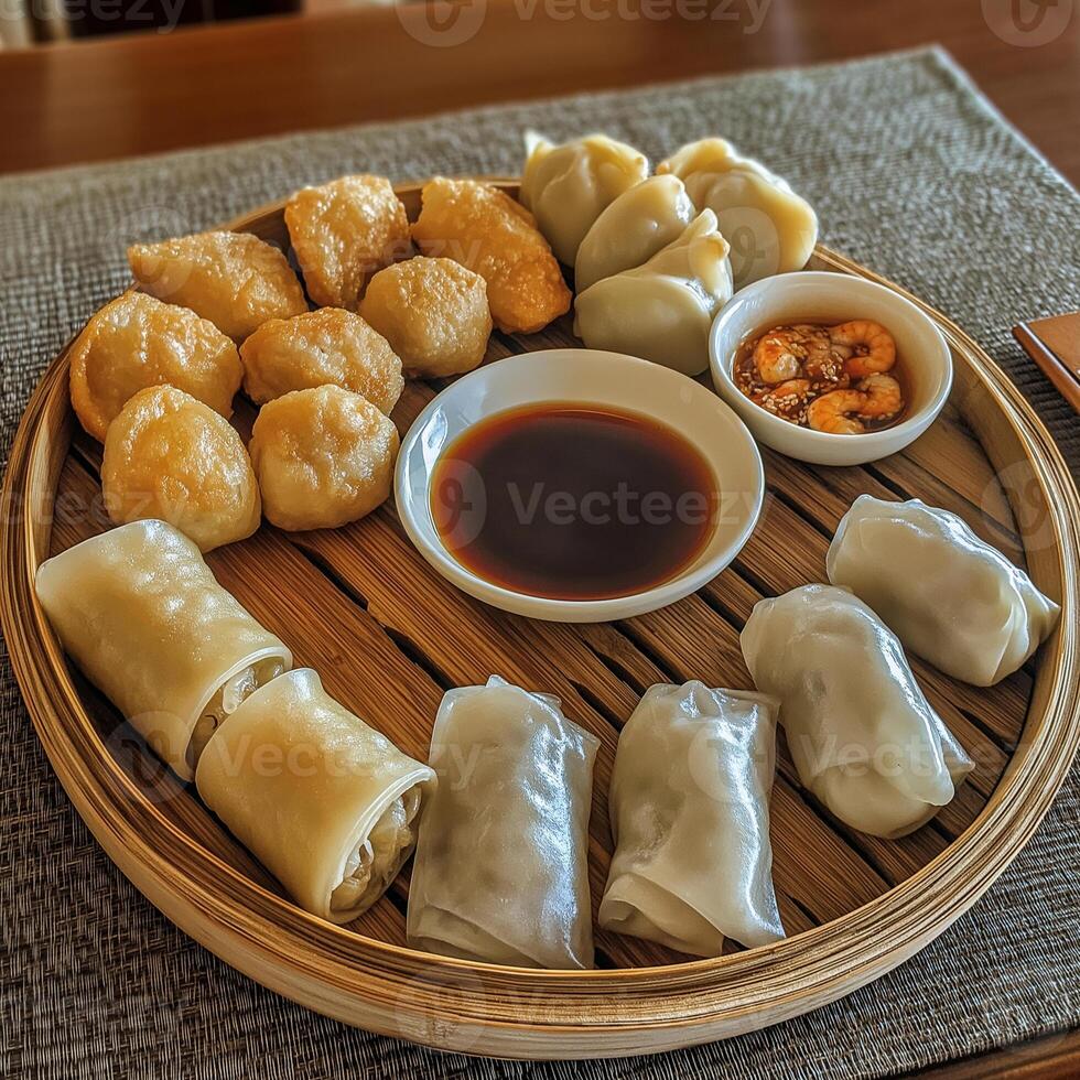 Delicious assortment of dumplings and spring rolls served on a wooden platter at a vibrant restaurant. photo
