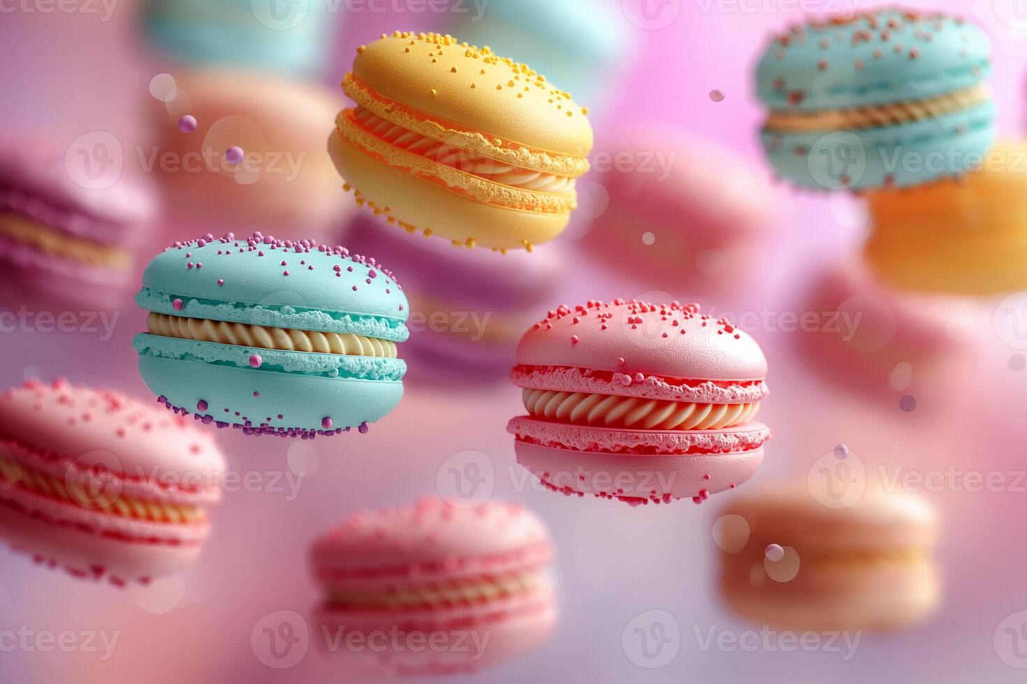 Colorful macarons floating in a dreamy pastel paradise full of sweetness and delight. photo