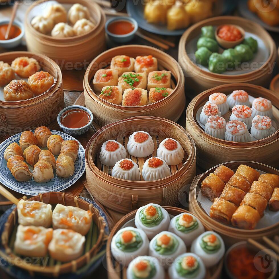 Exquisite dim sum spread showcasing a vibrant array of flavors and textures at a bustling restaurant. photo